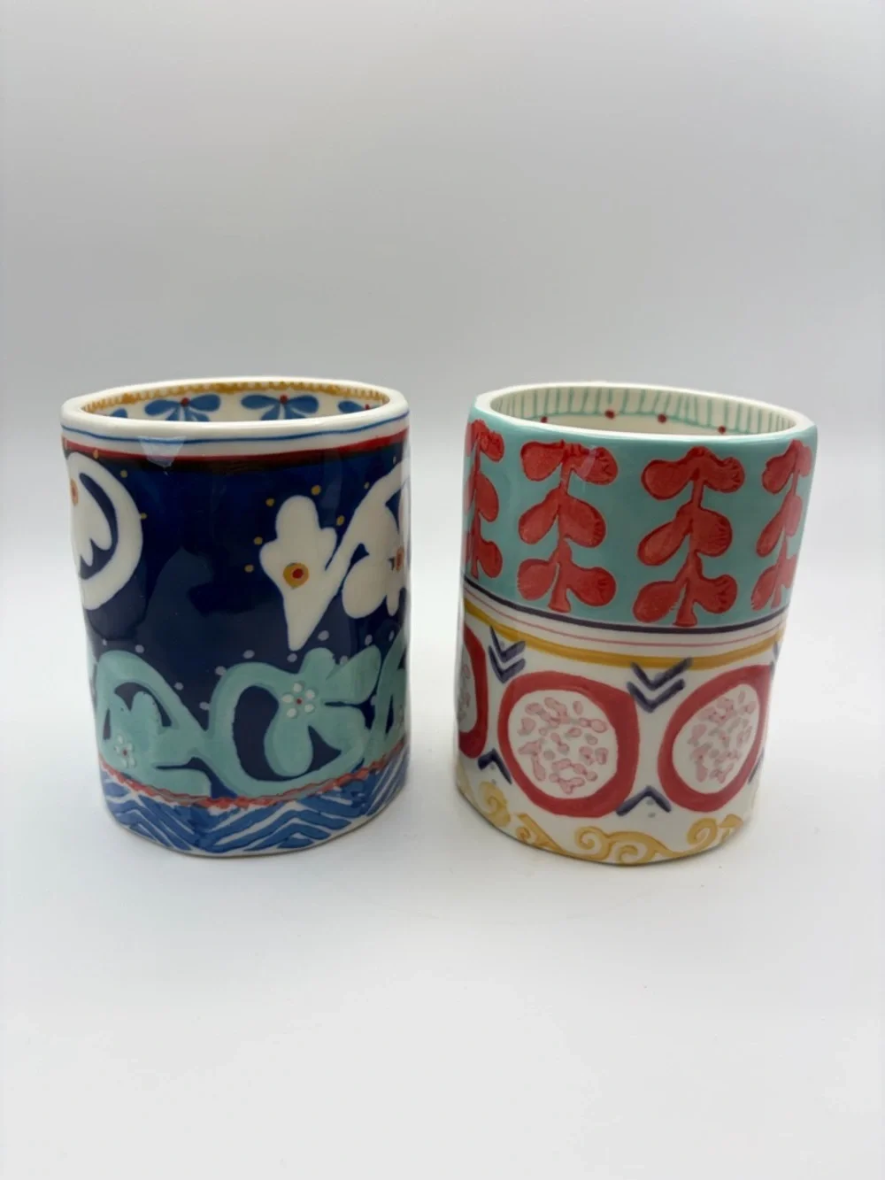 Anthropologie Hand Painted Isla Ceramic Mugs Set of 2 Boho Whimsigoth Eclectic